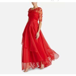 THEIA Atlas Shawl Draped 3D floral appliqués Gown